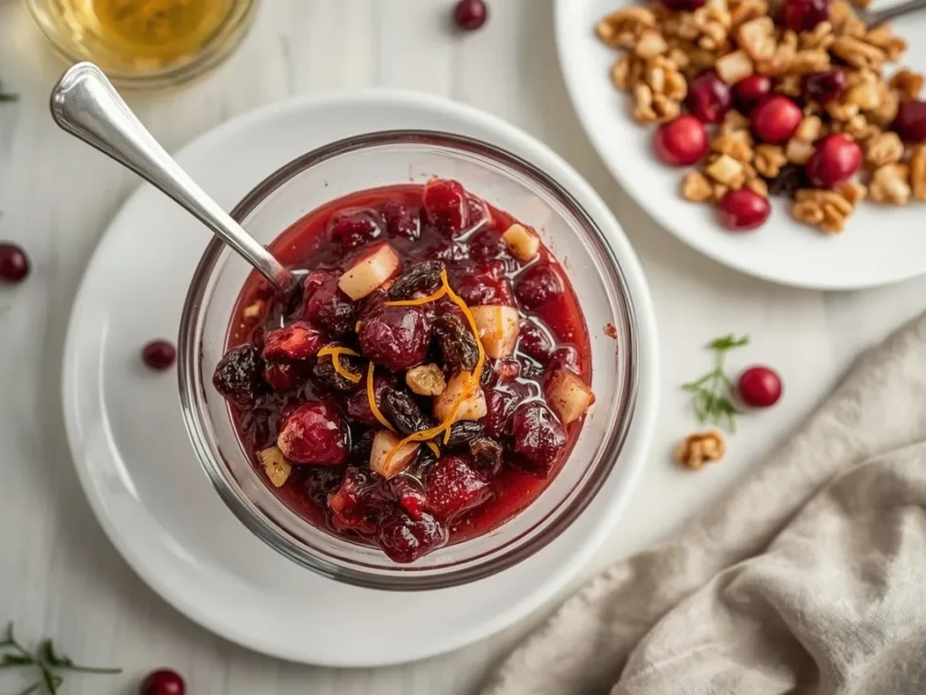 Cranberry fruit conserve with walnuts and orange in a glass bowl