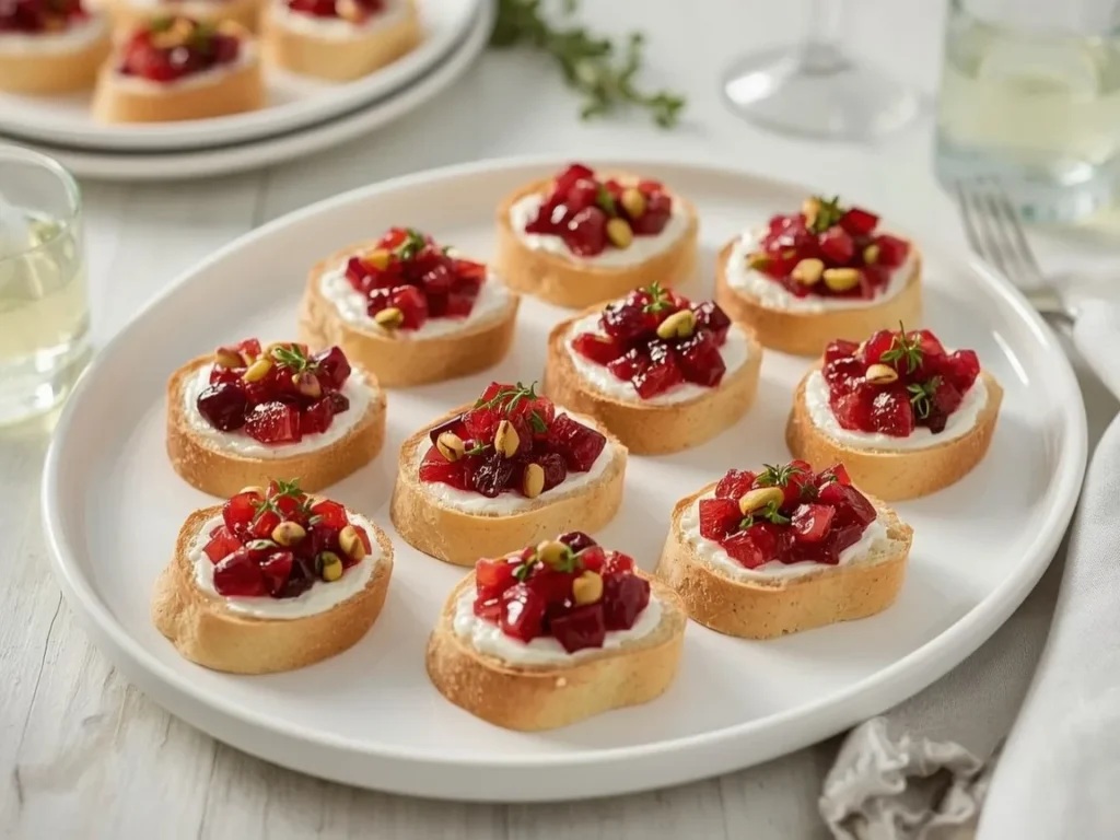 Cranberry and goat cheese crostini with pistachios and thyme