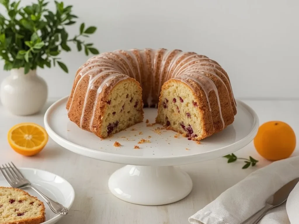 Cranberry orange Bundt cake with orange glaze on a cake stand