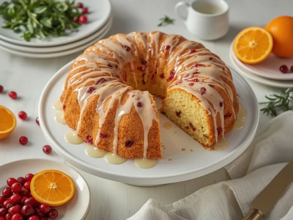 Cranberry orange cake with white glaze and fresh cranberries
