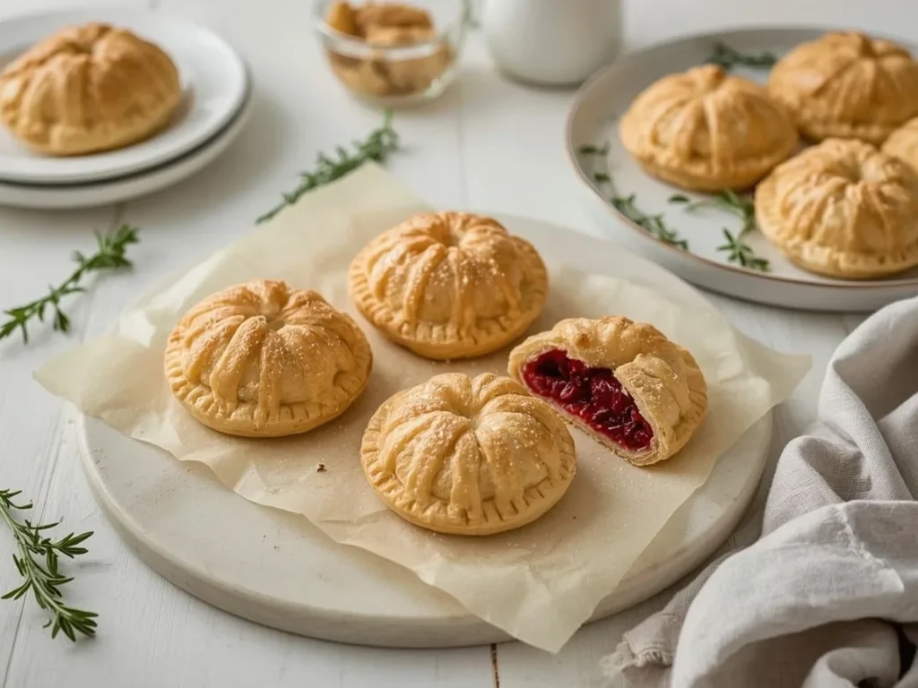 Cranberry orange hand pies with crimped edges, one showing the red filling