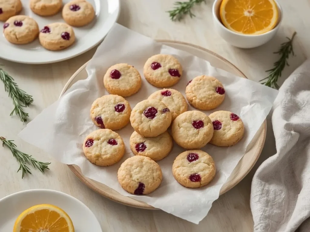 Cranberry orange shortbread cookies on parchment