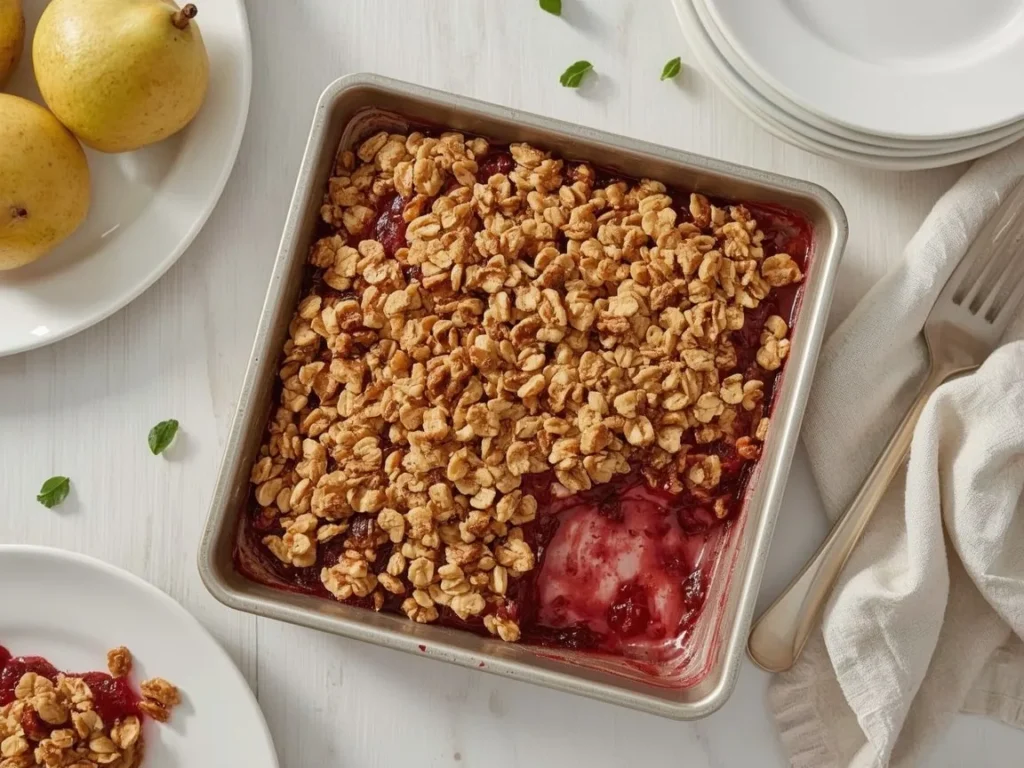 Cranberry pear crisp with oat walnut topping in a baking pan