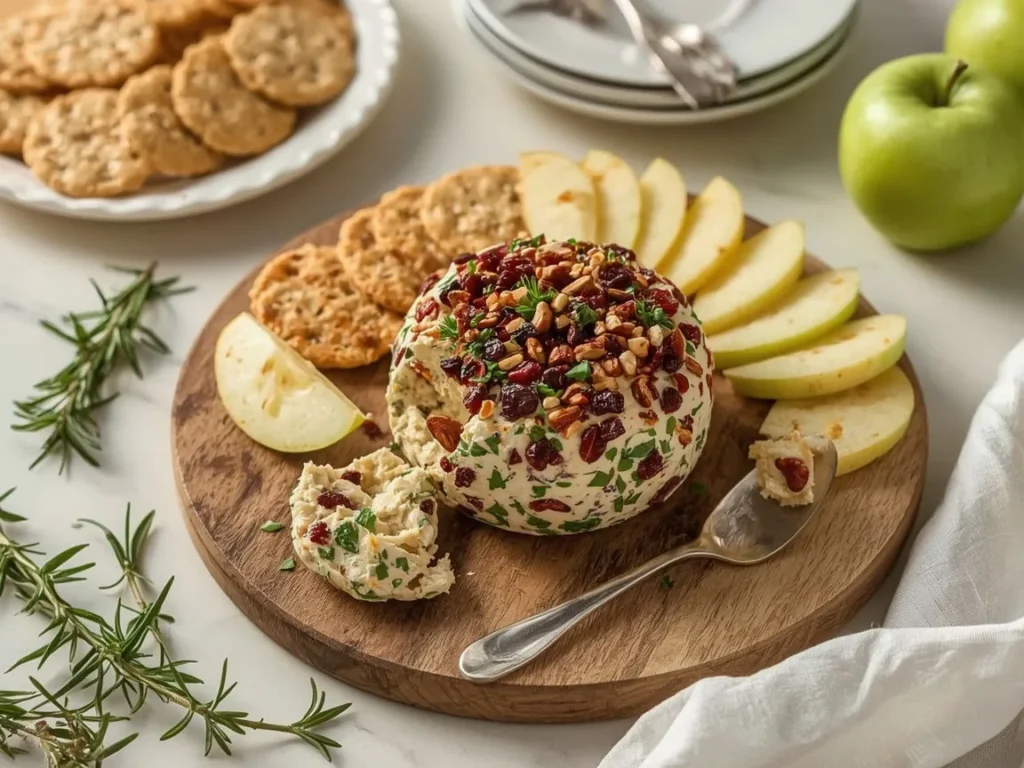 Cranberry pecan cheese ball on a wooden board with crackers and apple slices
