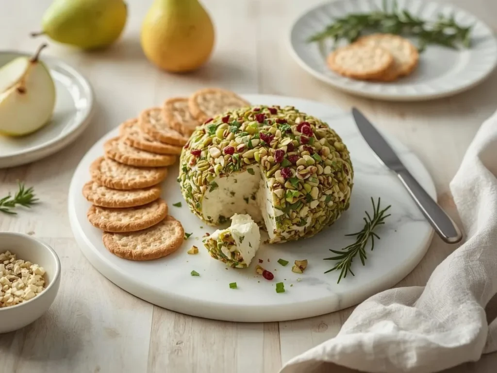 Cranberry pistachio cheese ball on a marble board with crackers and sliced pears