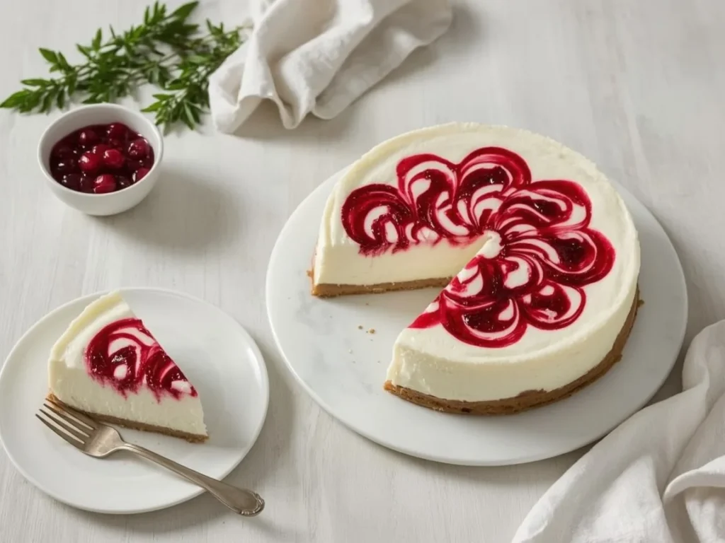 Cranberry swirl cheesecake with a slice cut
