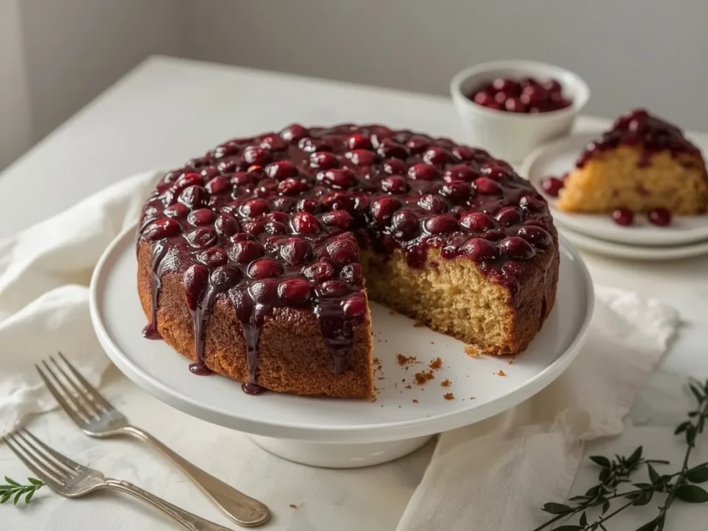 Cranberry upside-down cake with caramelized cranberry topping