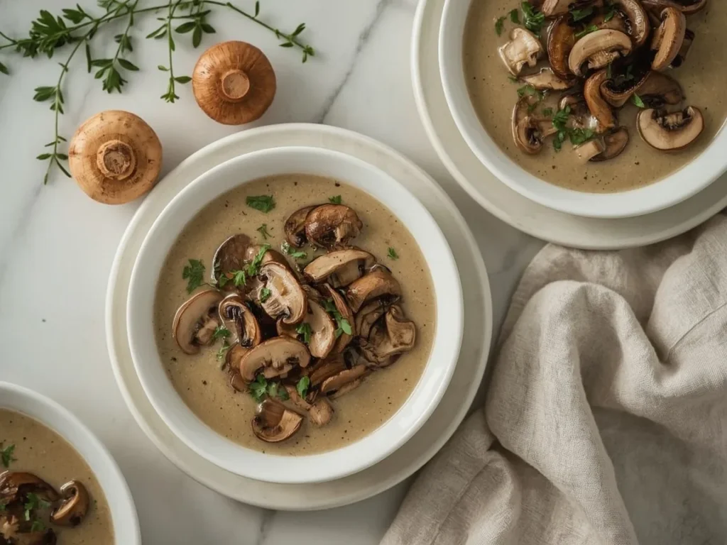 Cream of wild mushroom soup topped with sautéed mushrooms and thyme