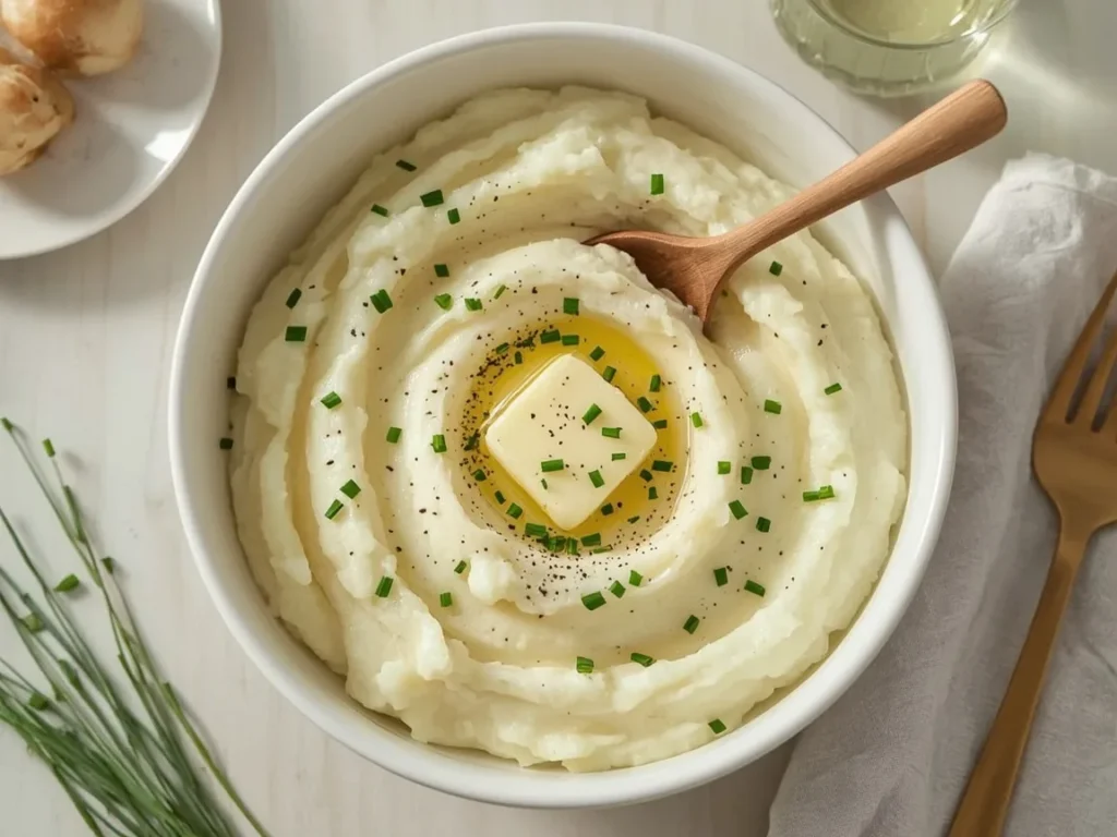 Creamy garlic mashed potatoes with butter and chives
