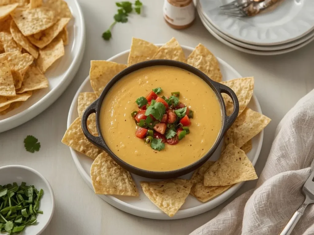 Creamy queso dip with green chiles and cilantro with tortilla chips