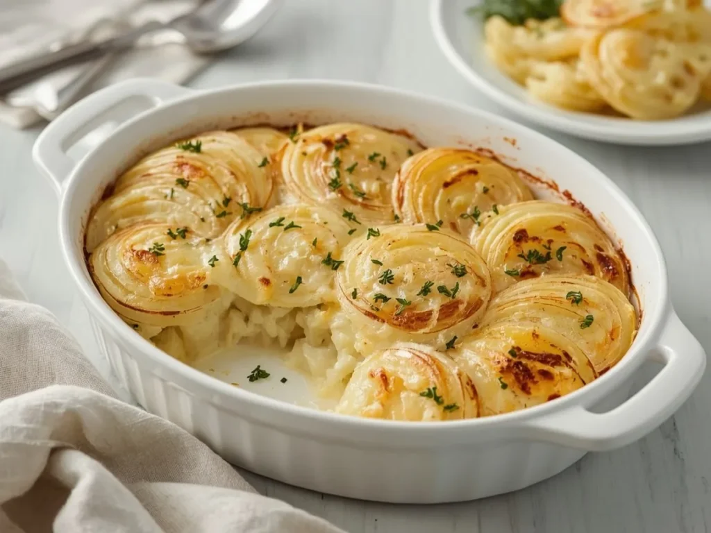 Creamy scalloped potatoes with golden Gruyère top