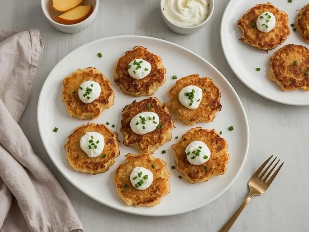 Mini potato latkes topped with applesauce, sour cream and chives