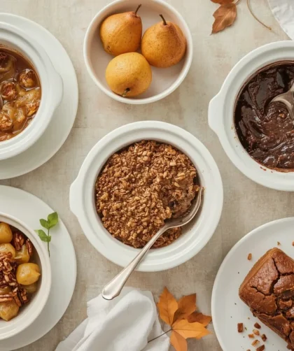 Slow cooker Thanksgiving desserts with apple crisp, chocolate lava cake, poached pears and bread pudding