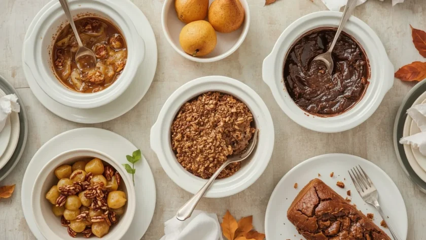 Slow cooker Thanksgiving desserts with apple crisp, chocolate lava cake, poached pears and bread pudding