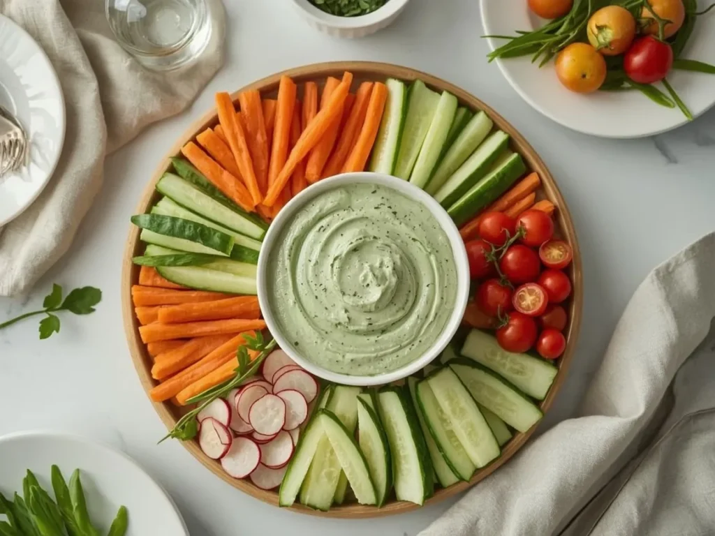 Crudité platter with colorful vegetables around a bowl of green goddess dip
