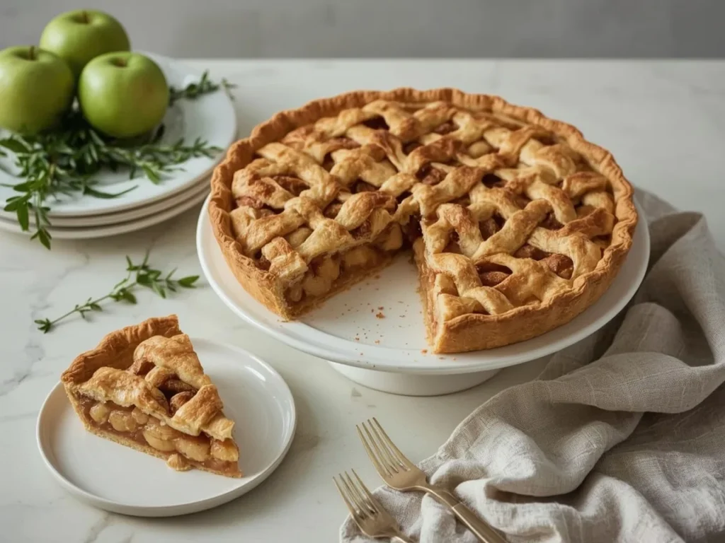 Deep-dish lattice apple pie with a slice on a plate