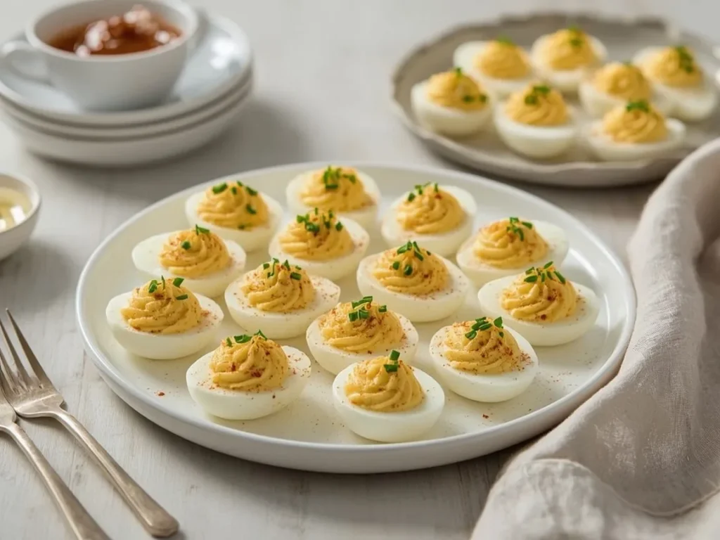 Deviled eggs topped with smoked paprika and chives on a white platter