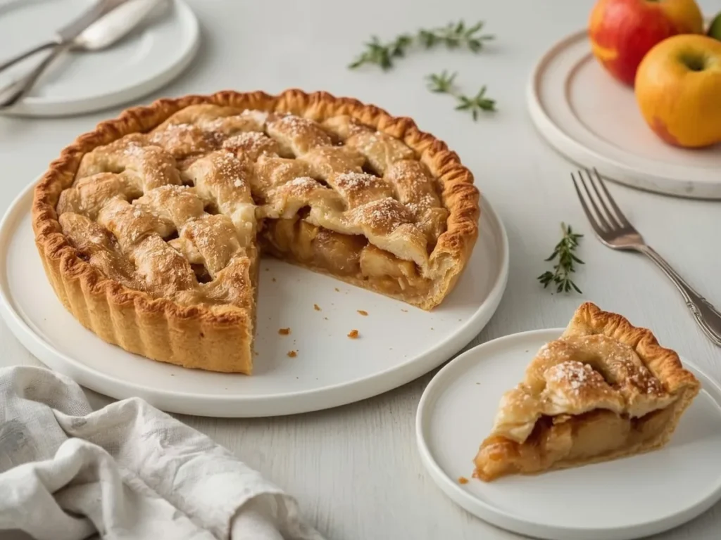 Double-crust apple pie with a slice showing spiced apple filling