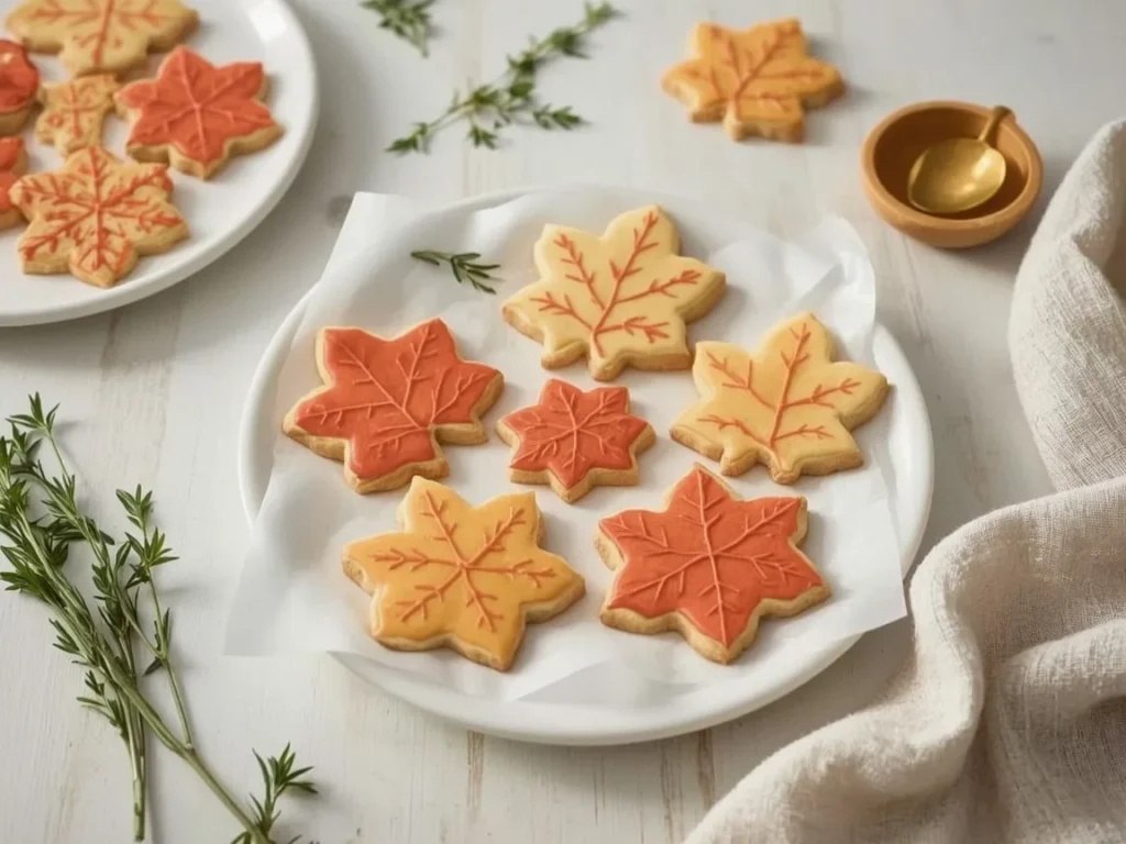 Fall leaf sugar cookies with orange, red and yellow icing