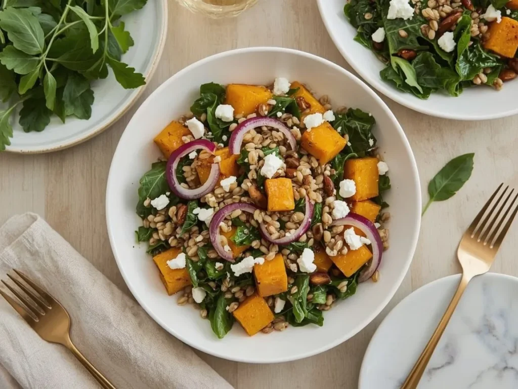 Farro salad with roasted squash, kale and feta