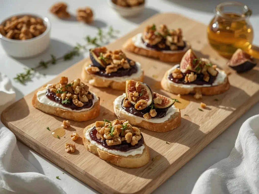 Fig and goat cheese crostini with walnuts and honey on a wooden board