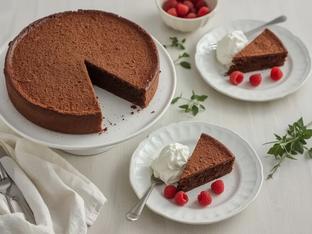Flourless chocolate cake dusted with cocoa with a slice and whipped cream