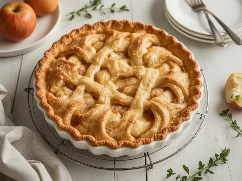 Golden freezer-to-oven apple pie cooling on a wire rack