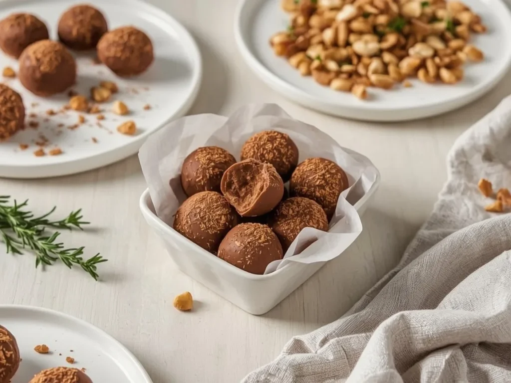 Assorted chocolate truffles coated in cocoa and nuts in a gift box