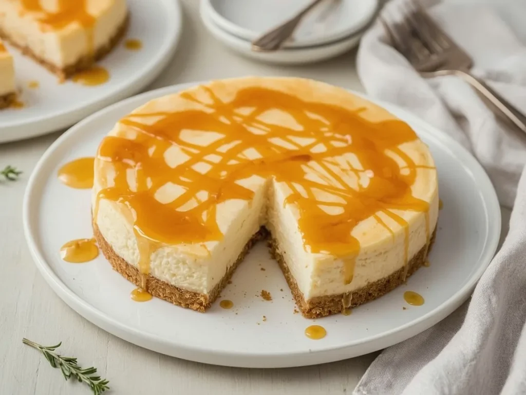 Maple cheesecake bars drizzled with maple syrup on a platter