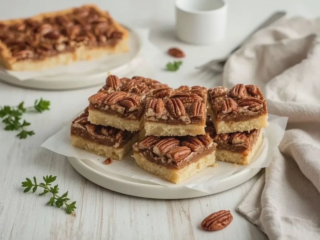 Pecan pie bars with shortbread crust stacked on parchment
