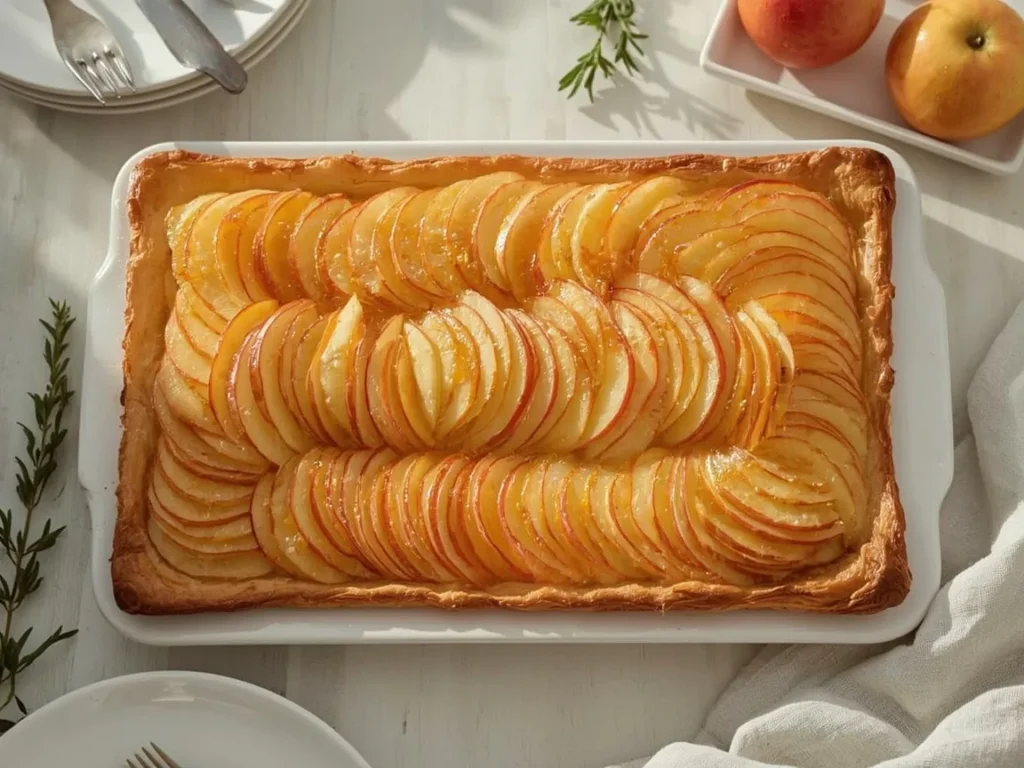 French apple tart with fanned apple slices and apricot glaze