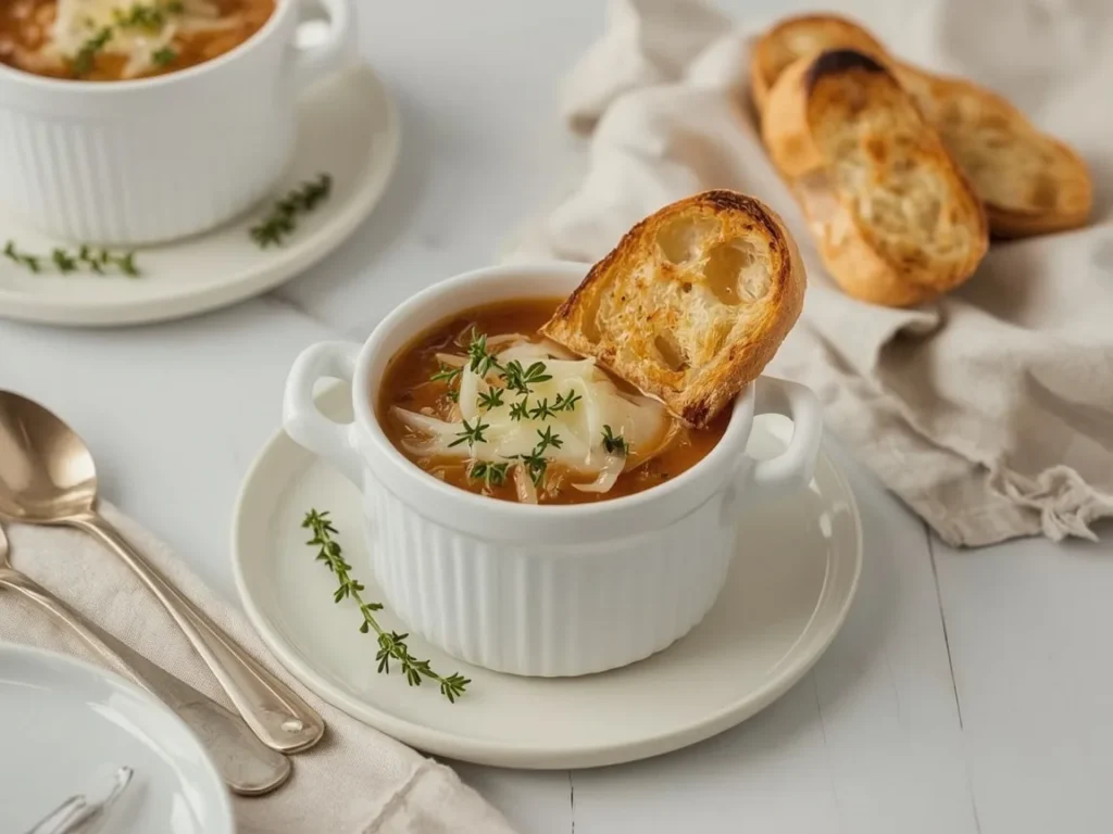 French onion soup with bubbling Gruyère toast in a white crock