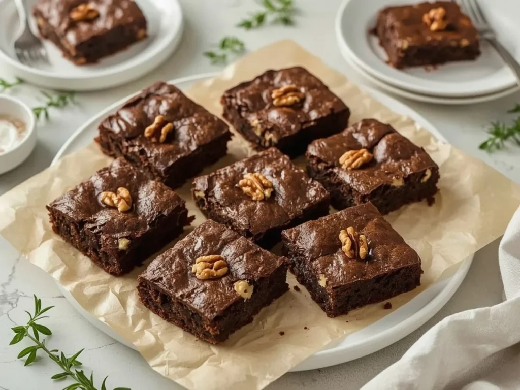 Fudgy one-bowl brownies with walnuts on parchment