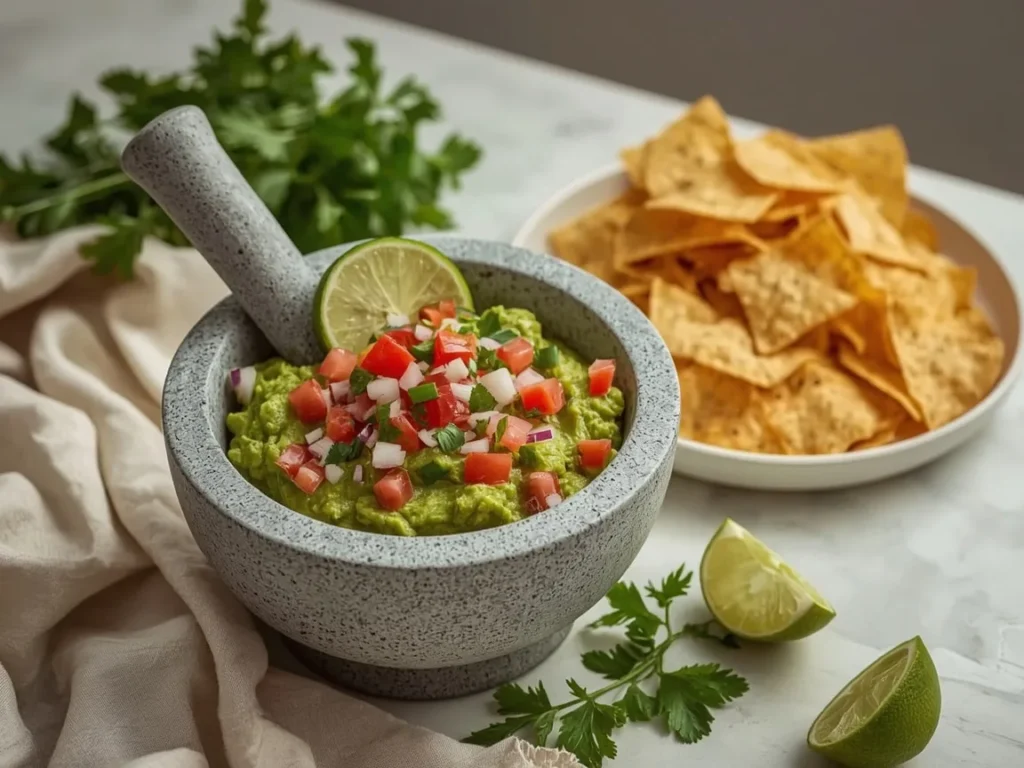 Chunky guacamole in a stone bowl with tortilla chips and lime