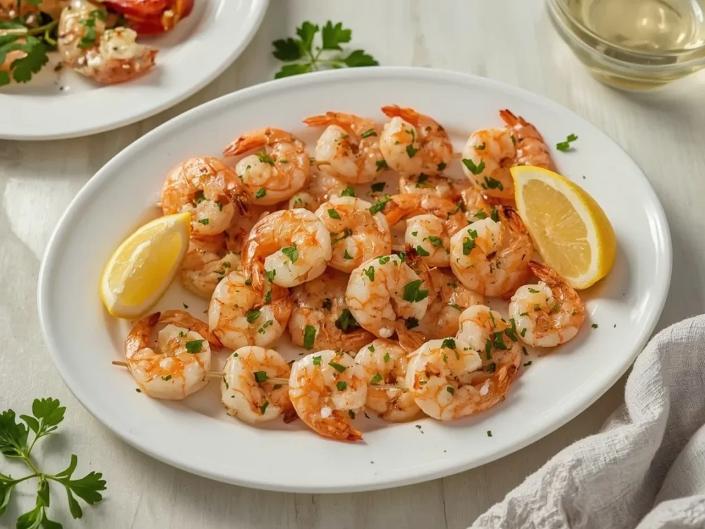 Garlic butter shrimp skewers with parsley and lemon wedges on a white platter