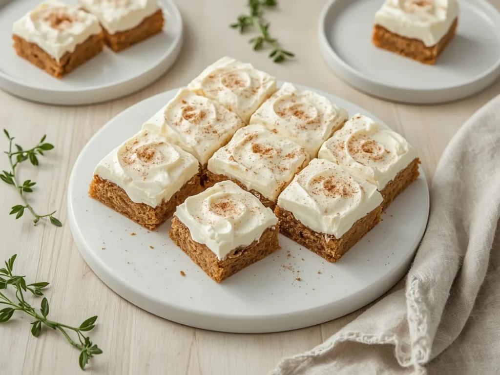 Gingerbread bars with cream cheese frosting dusted with cinnamon
