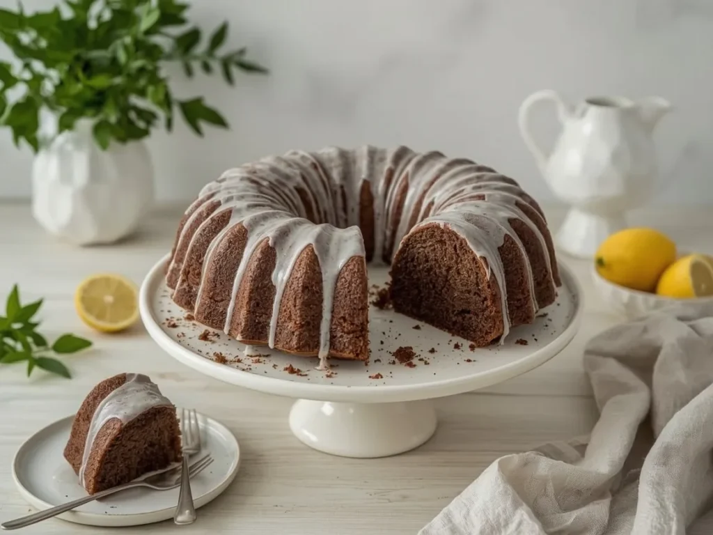 Gingerbread Bundt cake with lemon glaze on a cake stand