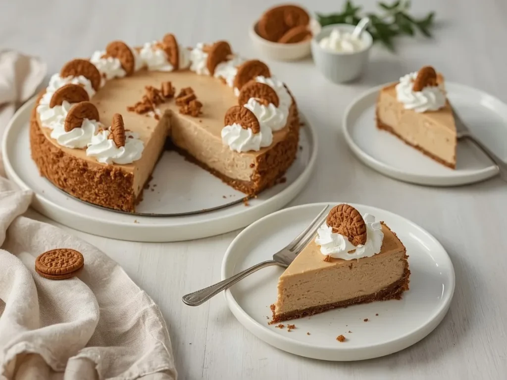 Gingerbread cheesecake topped with whipped cream and gingersnaps