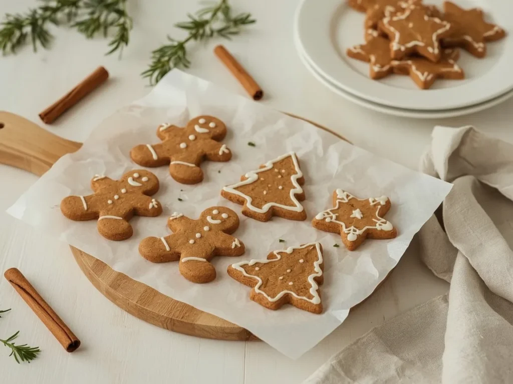 Gingerbread people, stars and trees with white piped icing on a wooden board