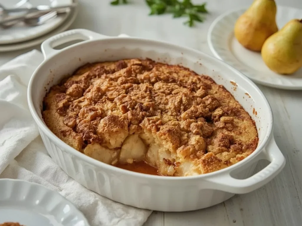 Gingerbread pear dump cake with spiced pears and golden topping