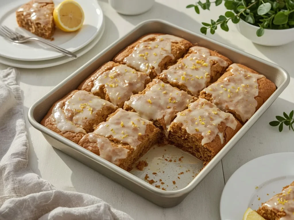 Gingerbread sheet cake with lemon glaze cut into squares