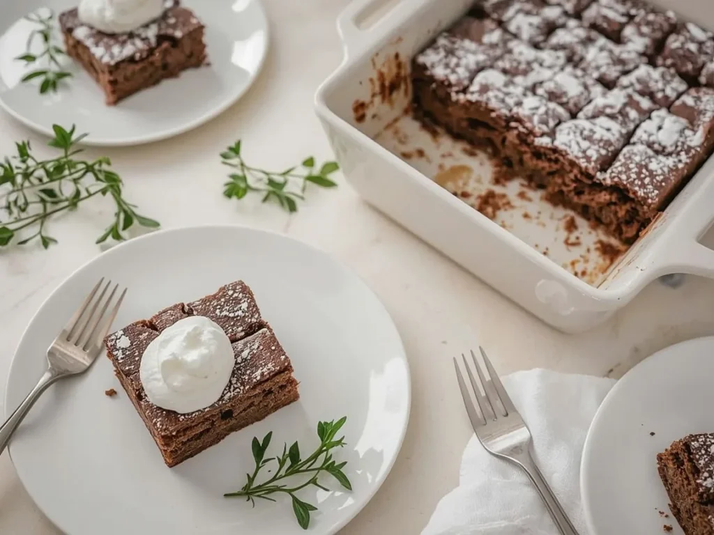 Gingerbread snack cake squares with whipped cream and powdered sugar