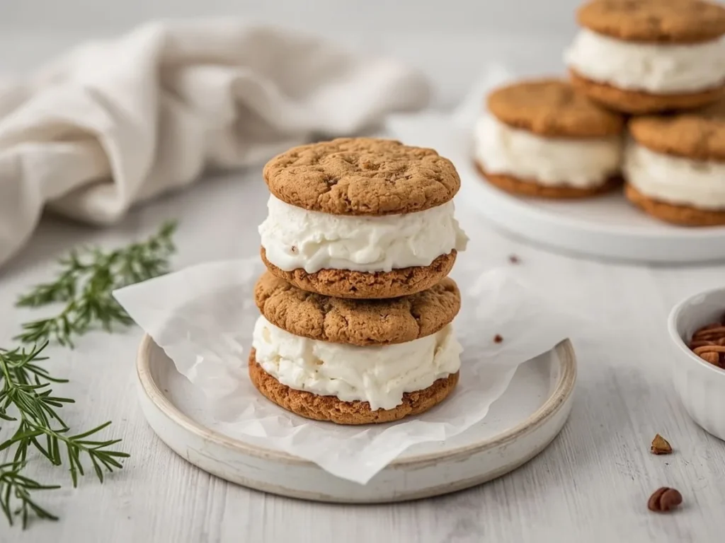 Gingersnap ice cream sandwiches with pecan-coated edges stacked on parchment