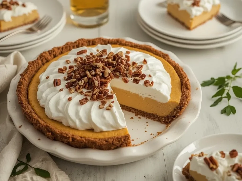 Pumpkin ice cream pie with gingersnap crust and whipped cream