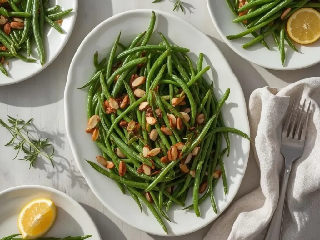 Green beans with sautéed shallots and toasted almonds on a white platter