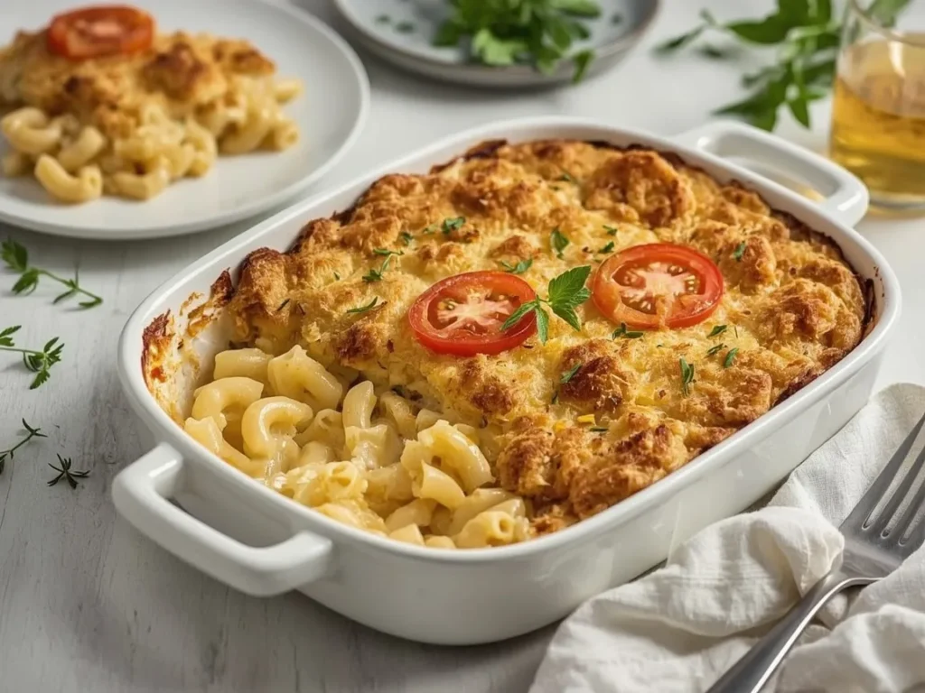 Grown-up mac and cheese with sliced tomatoes and breadcrumb topping