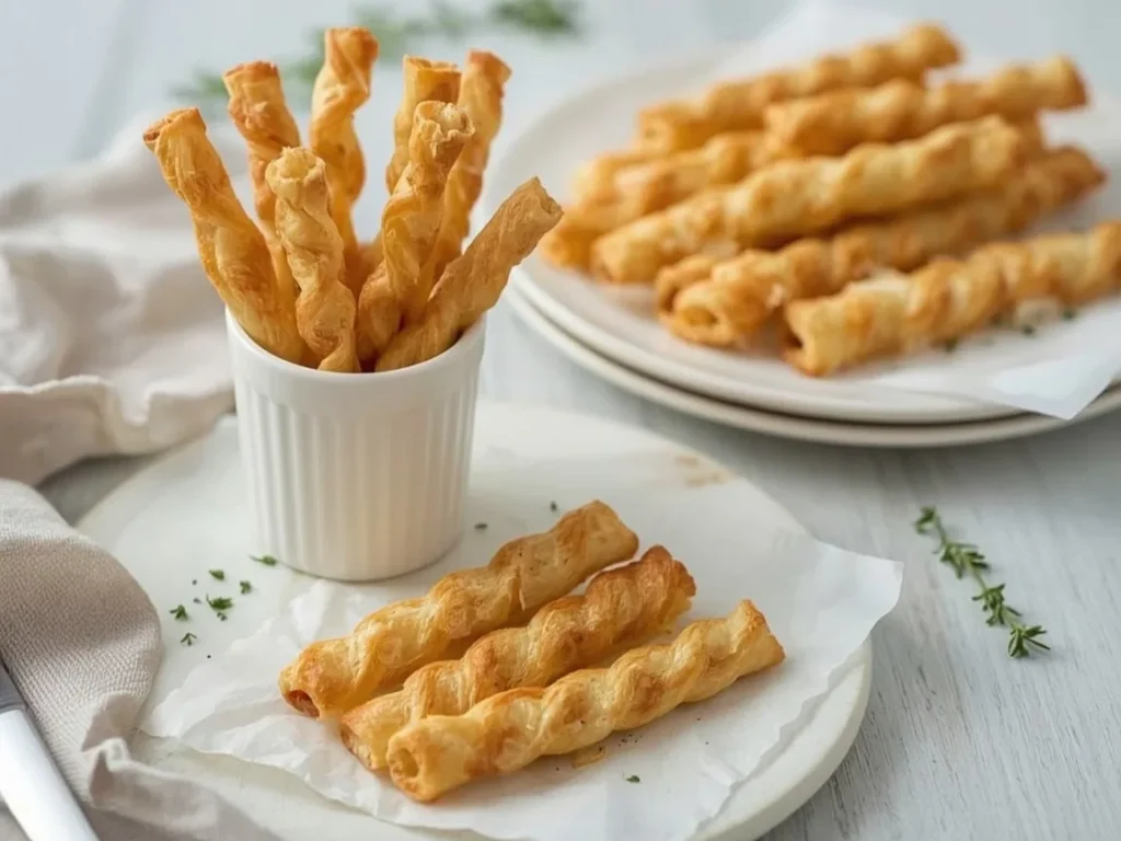 Gruyère cheese straws in a white cup and on parchment