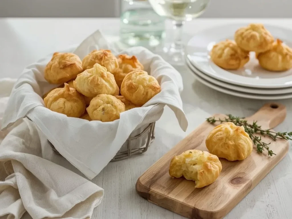 Golden Gruyère gougères cheese puffs in a linen-lined basket