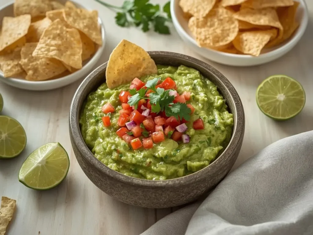 Chunky guacamole in a stone bowl with tortilla chips and lime wedges
