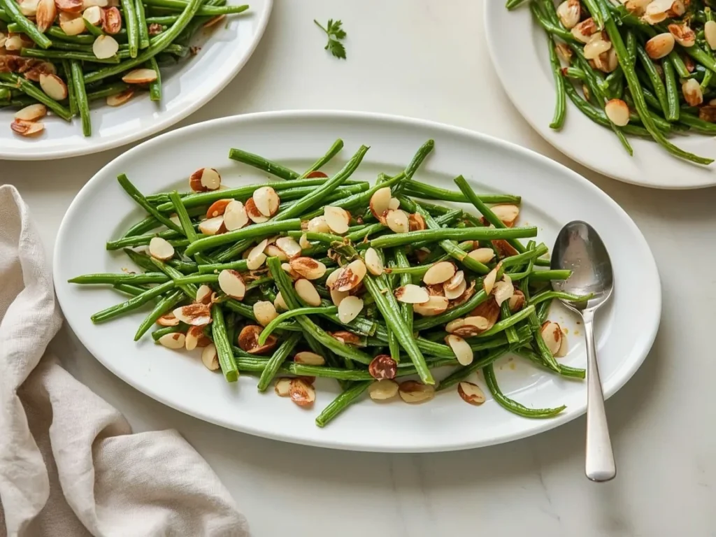 Haricots verts with golden shallots, lemon zest and toasted almonds on a white platter
